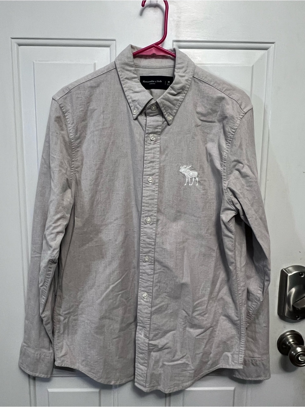 Abercrombie & Fitch M Light Gray Stretch Button Down Shirt Large Moose Logo